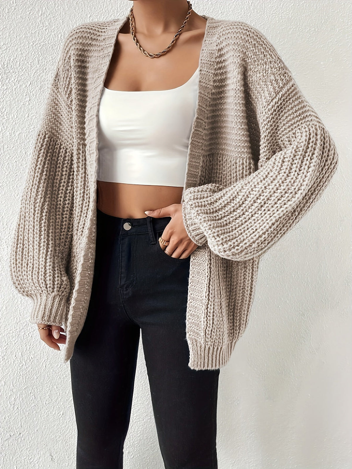 Women's Oversized Knit Cardigan Open Front Balloon Sleeve Relaxed Style