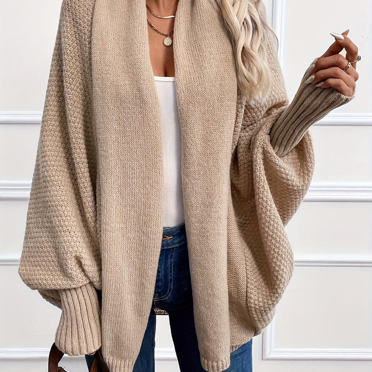Women's Oversized Knit Cardigan Shawl Collar Dolman Sleeve Relaxed Style