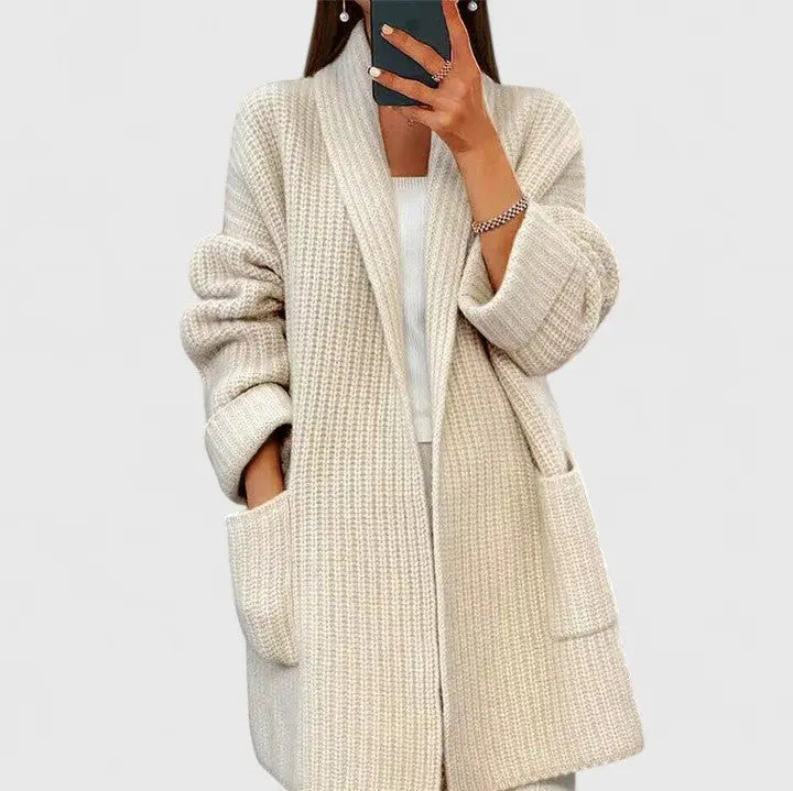 Women's Oversized Waffle Knit Cardigan Notched Collar Long Sleeve Longline Style