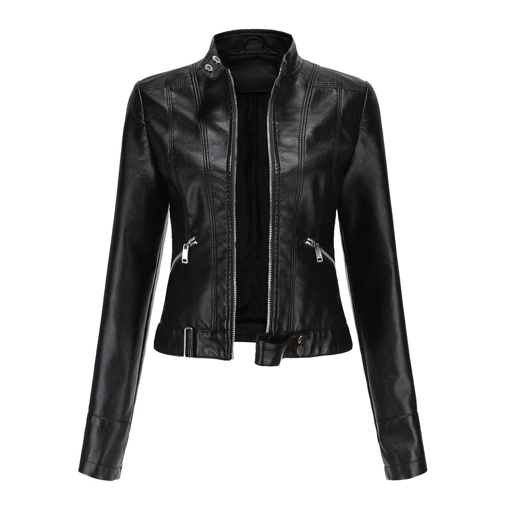 Women's High-Neck Belted Leather Jacket Nonchalant Style Everyday Fashion