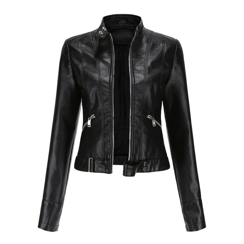 Women's High-Neck Belted Leather Jacket Nonchalant Style Everyday Fashion