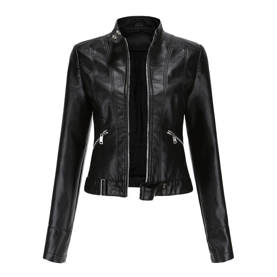 Women's High-Neck Belted Leather Jacket Nonchalant Style Everyday Fashion