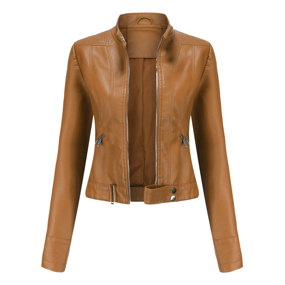 Women's High-Neck Belted Leather Jacket Nonchalant Style Everyday Fashion