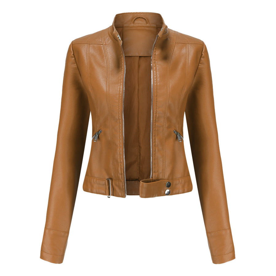 Women's High-Neck Belted Leather Jacket Nonchalant Style Everyday Fashion