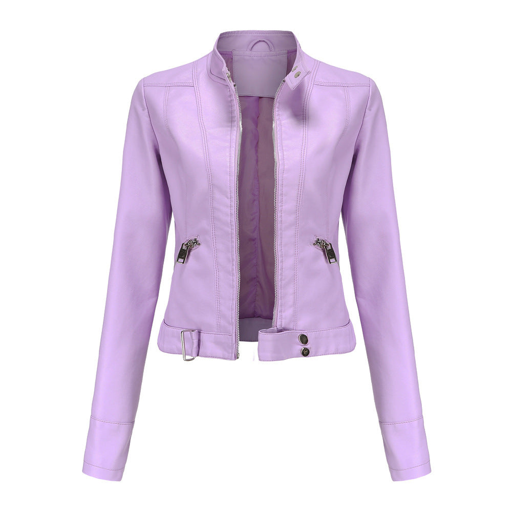 Women's High-Neck Belted Leather Jacket Nonchalant Style Everyday Fashion