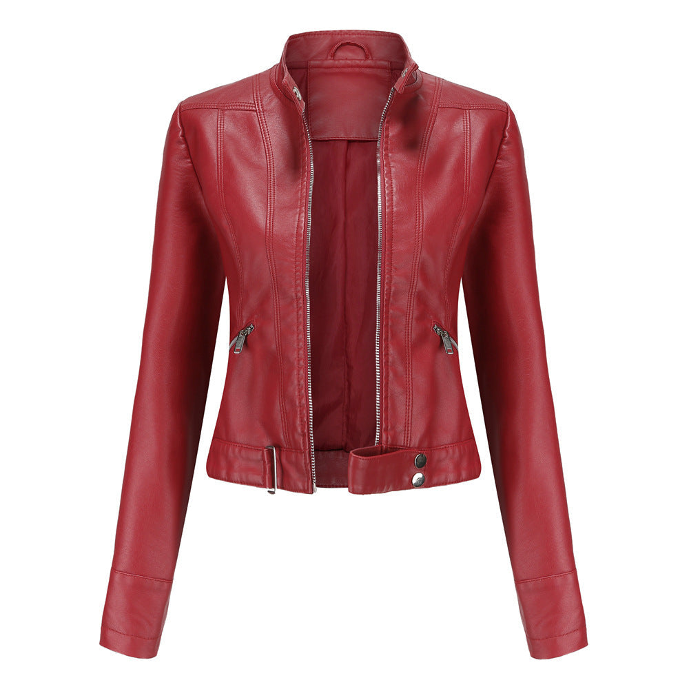 Women's High-Neck Belted Leather Jacket Nonchalant Style Everyday Fashion