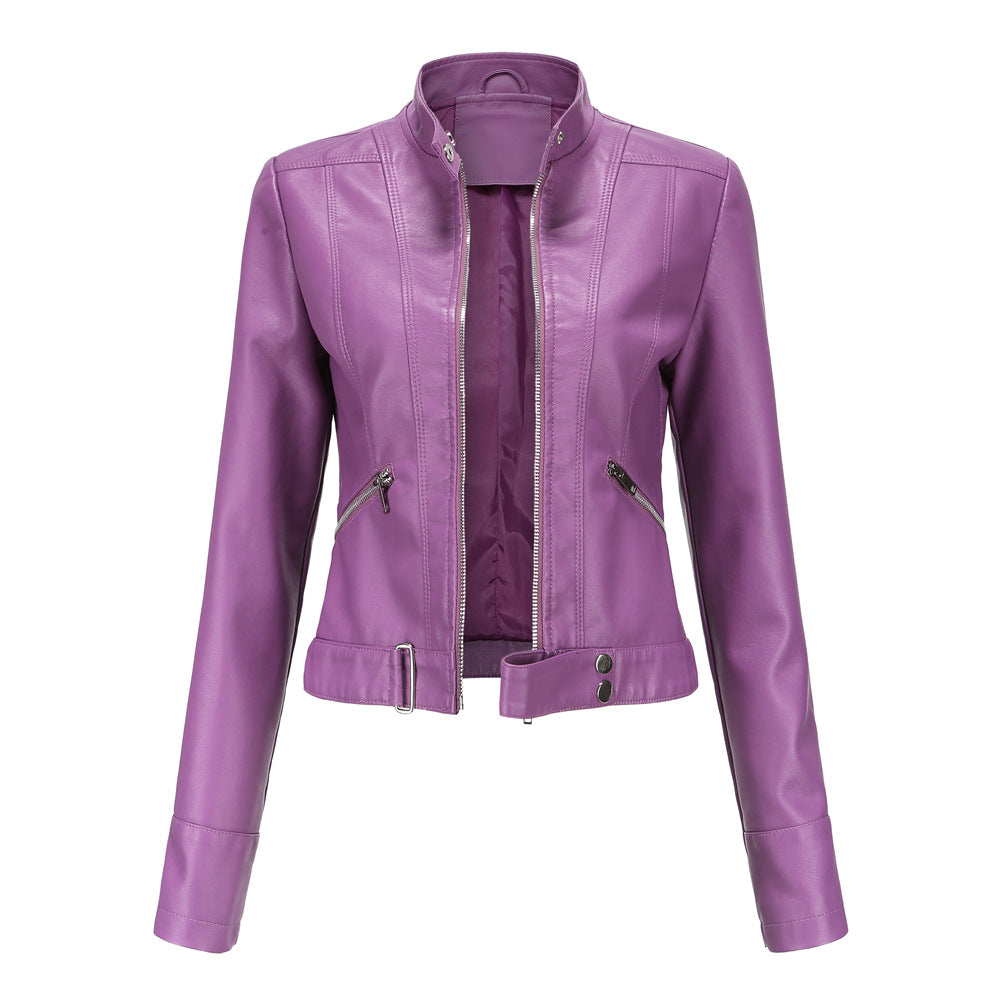 Women's High-Neck Belted Leather Jacket Nonchalant Style Everyday Fashion