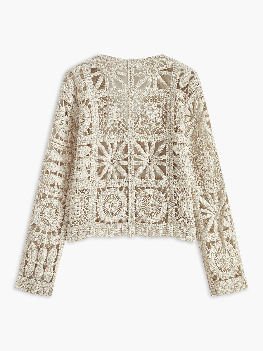Women's Bohemian Crochet Cardigan V-Neck Long Sleeve Button Front Casual Wear