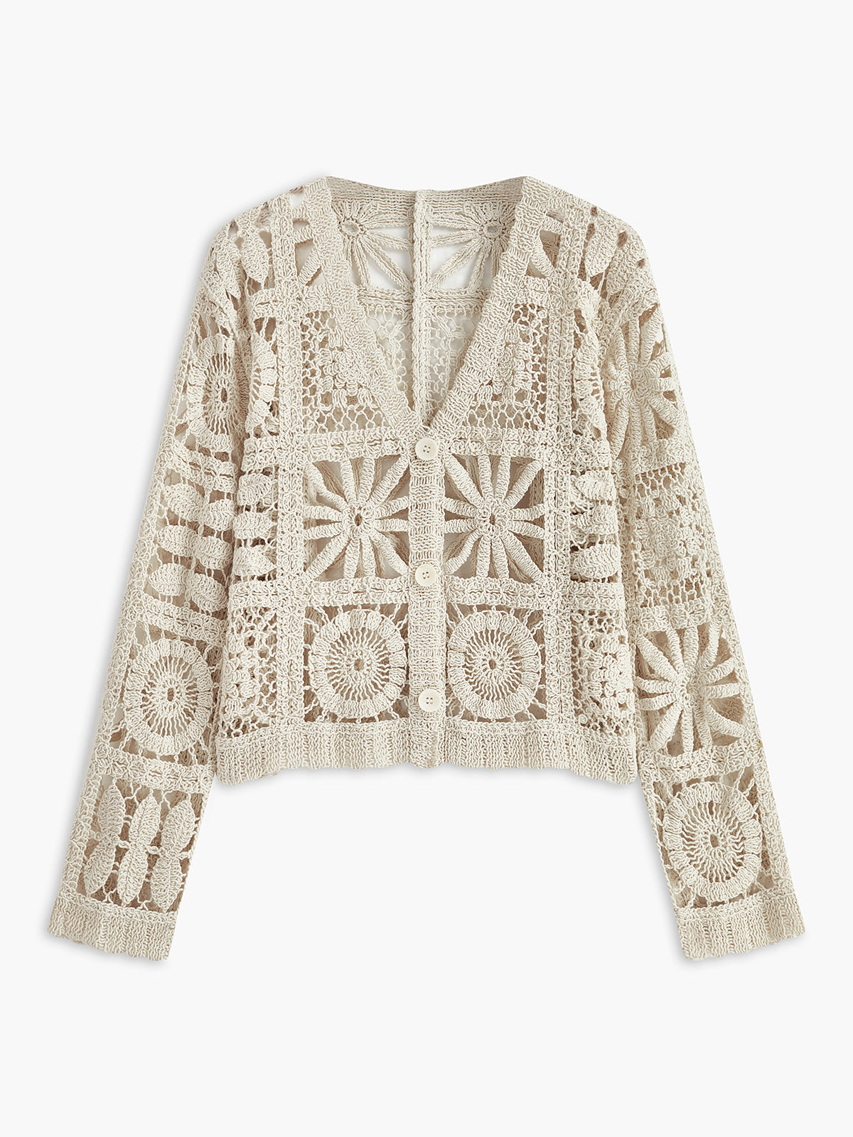Women's Bohemian Crochet Cardigan V-Neck Long Sleeve Button Front Casual Wear