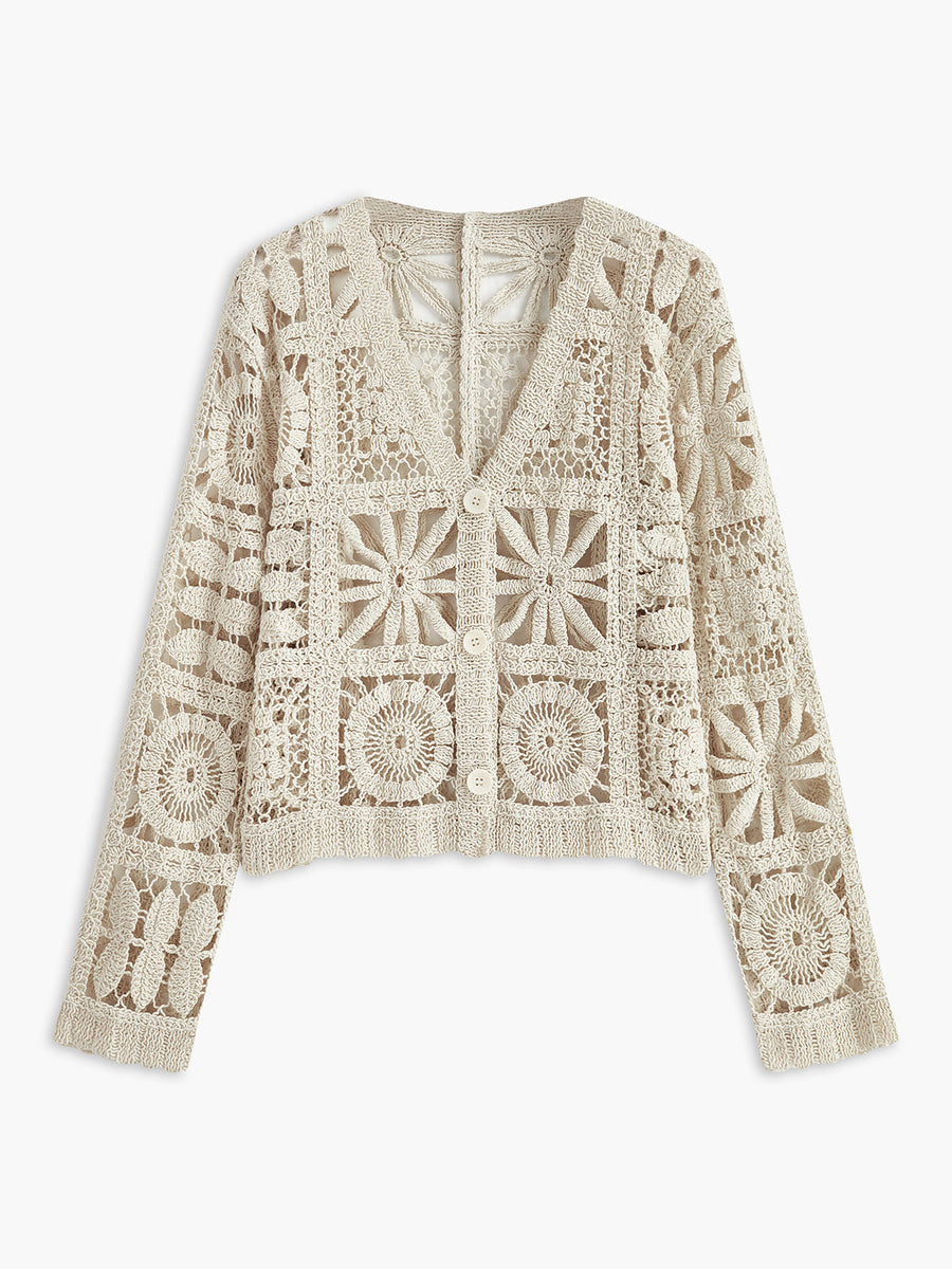 Women's Bohemian Crochet Cardigan V-Neck Long Sleeve Button Front Casual Wear