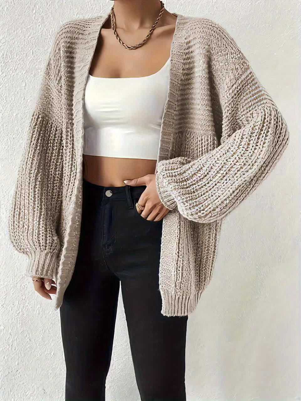 Women's Oversized Knit Cardigan Open Front Balloon Sleeve Relaxed Style