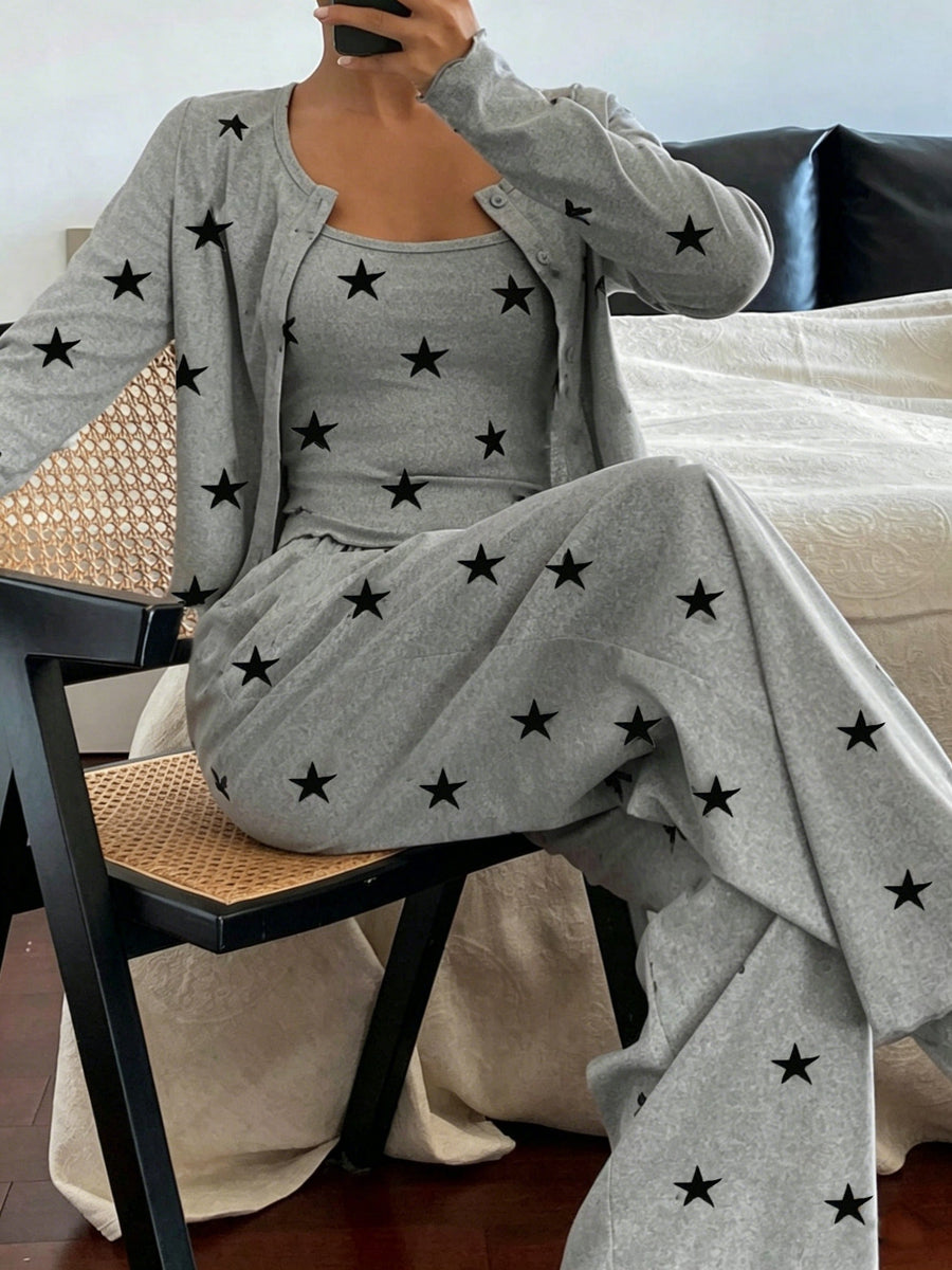 Women's Three Piece Pajama Set Long Sleeve Cardigan Round Neck Wide Leg Relaxed Style