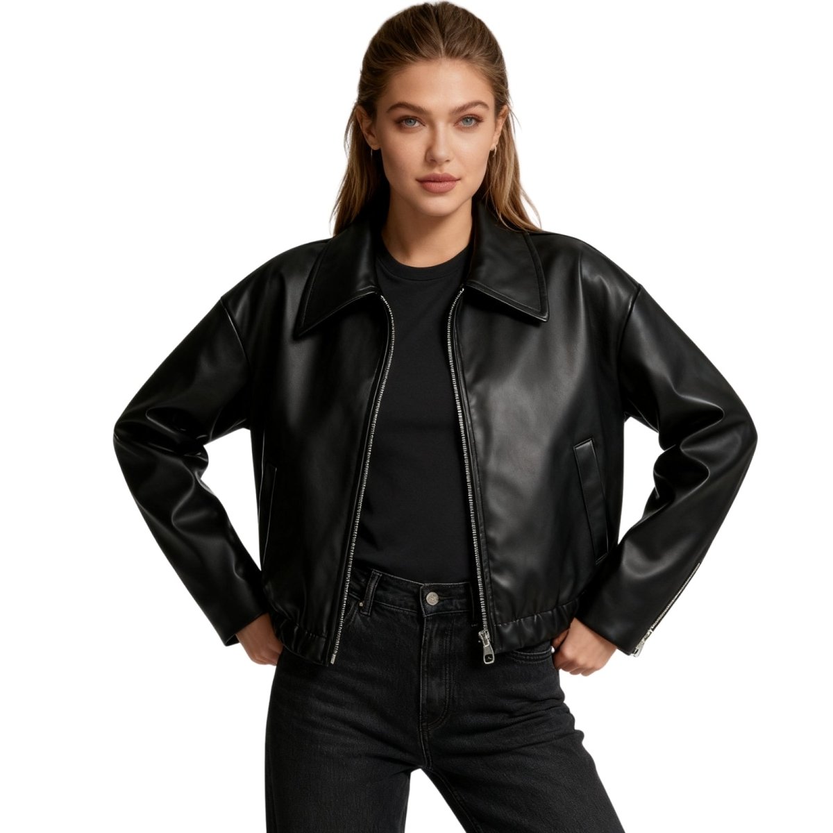 Women's Oversized Leather Jacket Curated Editorial Design Relaxed Fit Casual