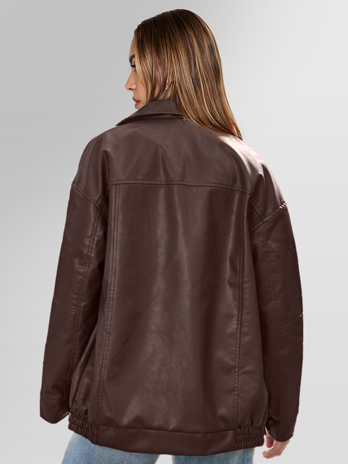Women's Oversized Leather Jacket Fluid Fit Long Sleeve Notched Collar Casual