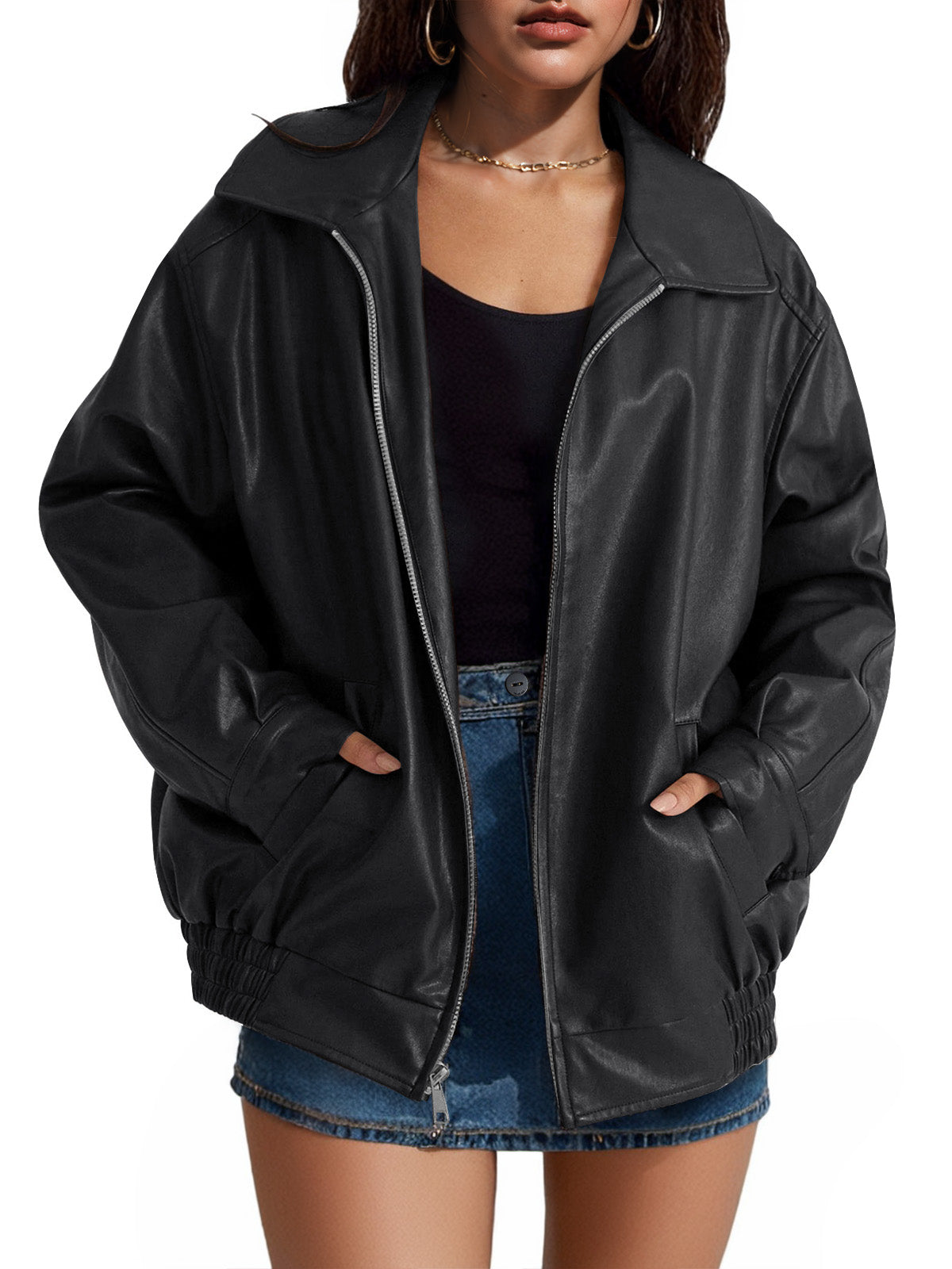 Women's Oversized Leather Jacket Fluid Fit Long Sleeve Notched Collar Casual