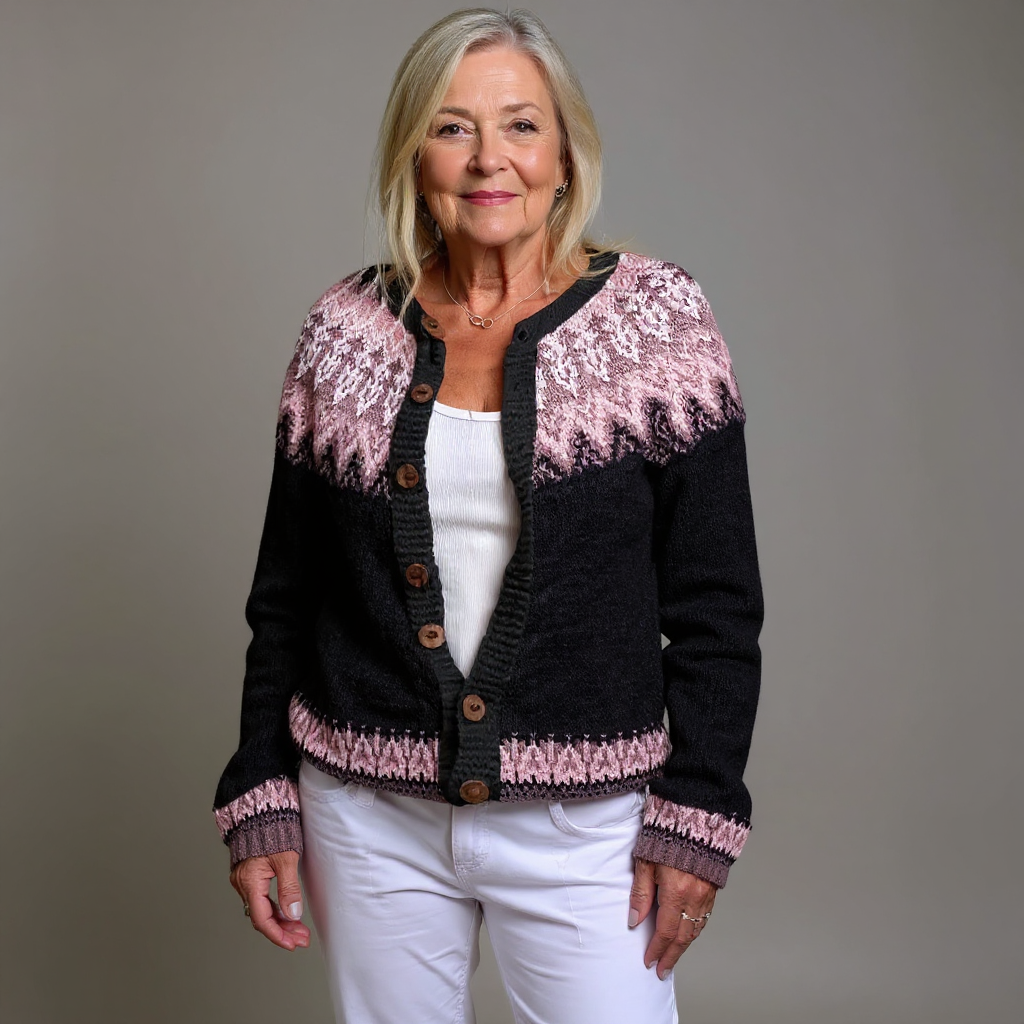 Women's Nordic Knit Cardigan Long Sleeve Round Neck Button Front Cozy Style