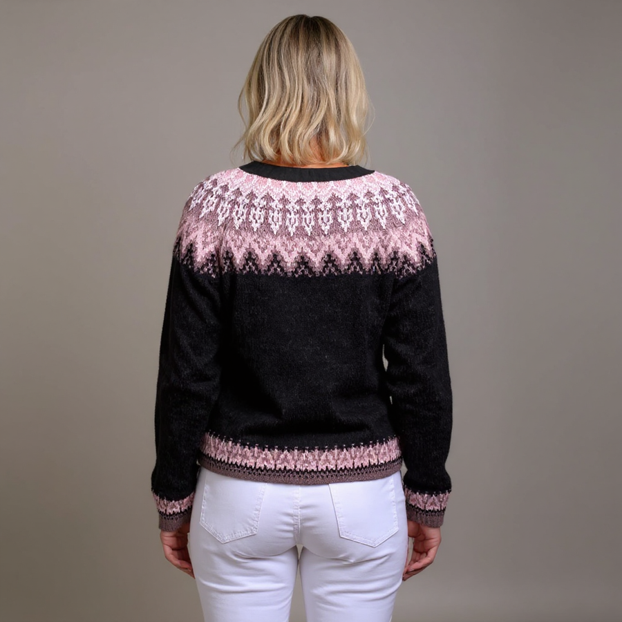 Women's Nordic Knit Cardigan Long Sleeve Round Neck Button Front Cozy Style