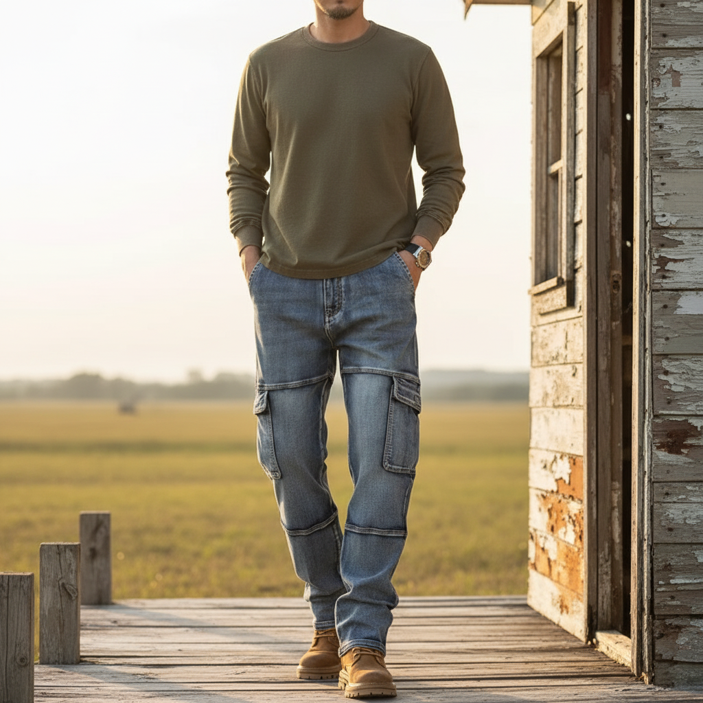 Men's Cargo Fit Utility Jeans Relaxed Style Versatile Everyday Wear