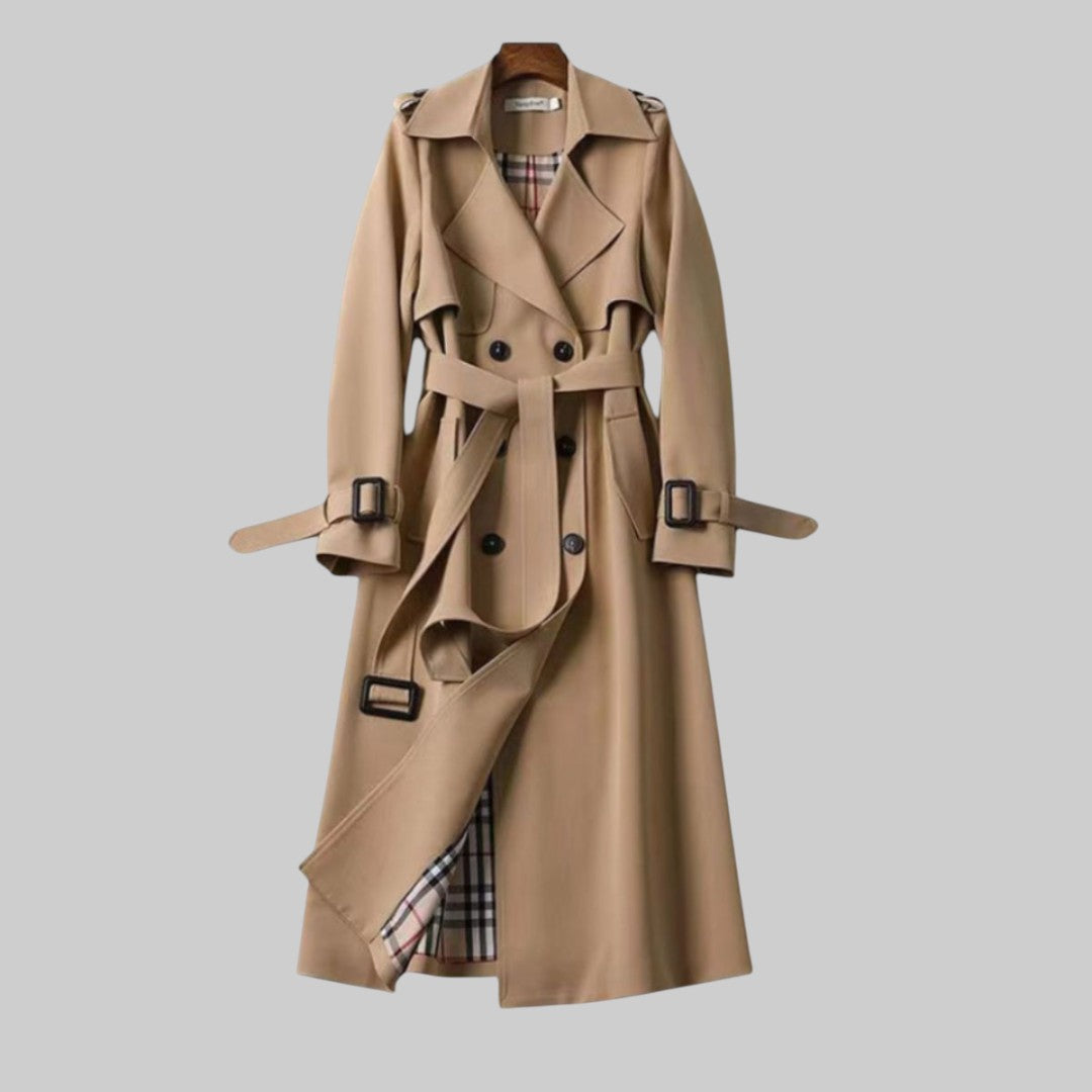 Women's Double Breasted Trench Coat Longline Style Lapel Collar Belted Waist Classic