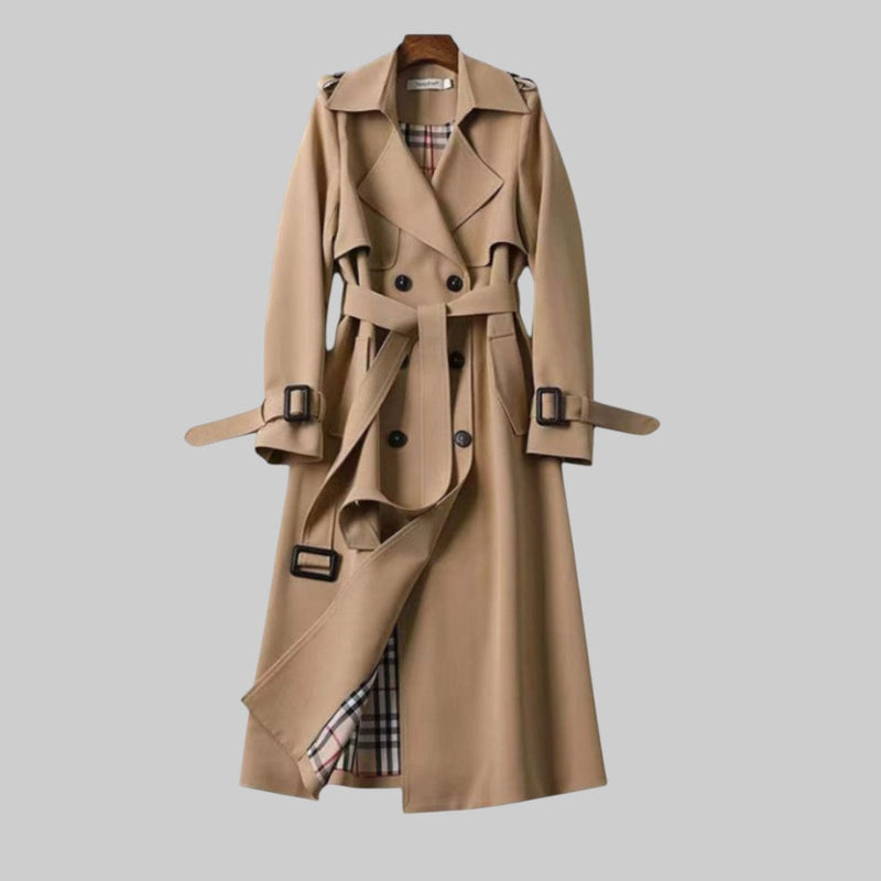 Women's Double Breasted Trench Coat Longline Style Lapel Collar Belted Waist Classic