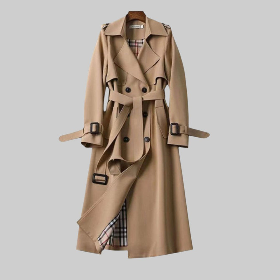 Women's Double Breasted Trench Coat Longline Style Lapel Collar Belted Waist Classic