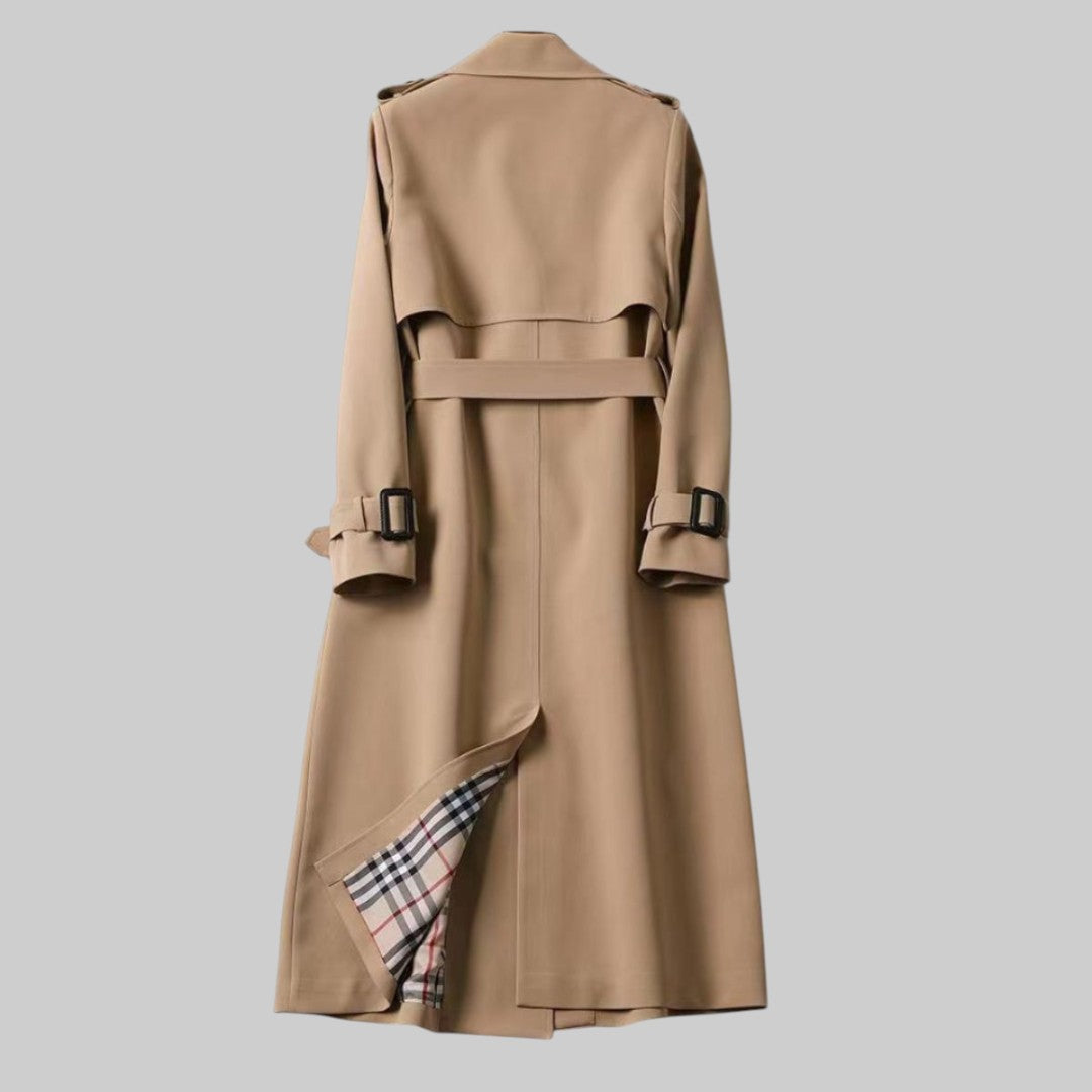 Women's Double Breasted Trench Coat Longline Style Lapel Collar Belted Waist Classic
