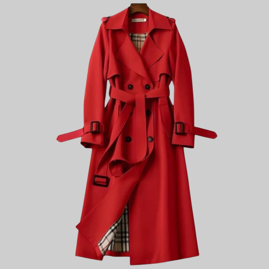 Women's Double Breasted Trench Coat Longline Style Lapel Collar Belted Waist Classic