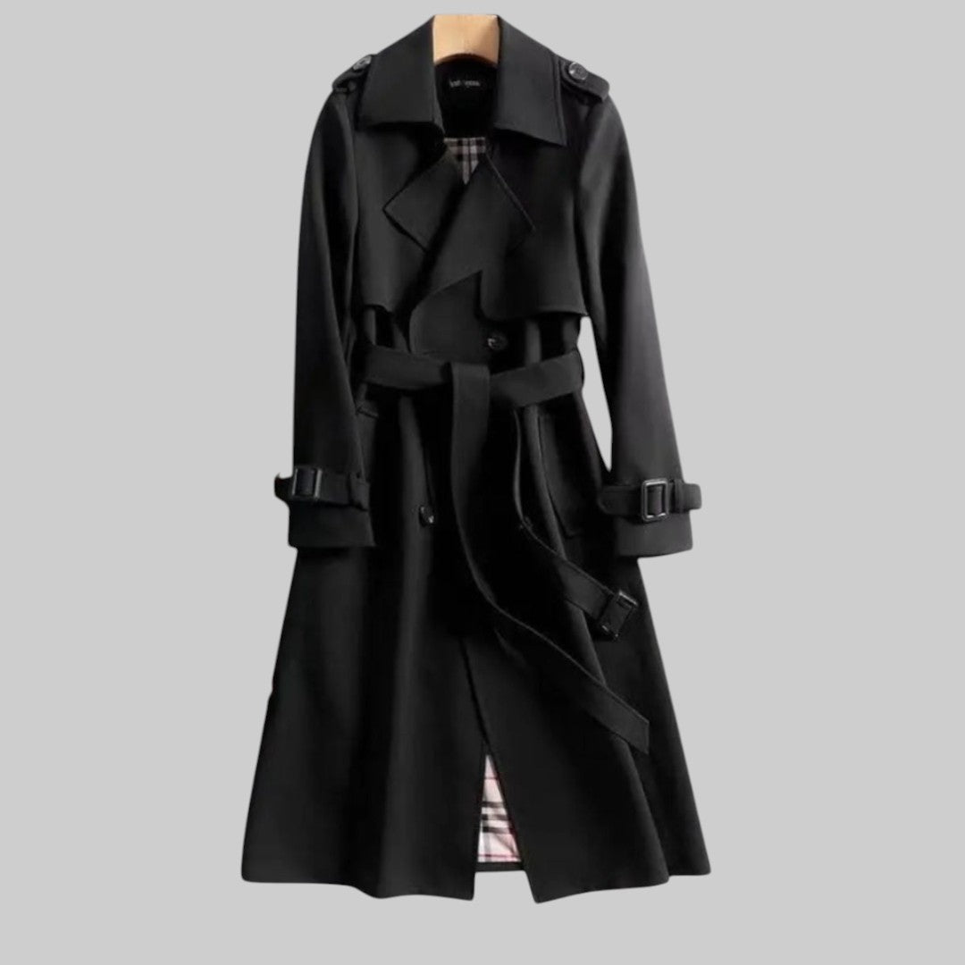 Women's Double Breasted Trench Coat Longline Style Lapel Collar Belted Waist Classic
