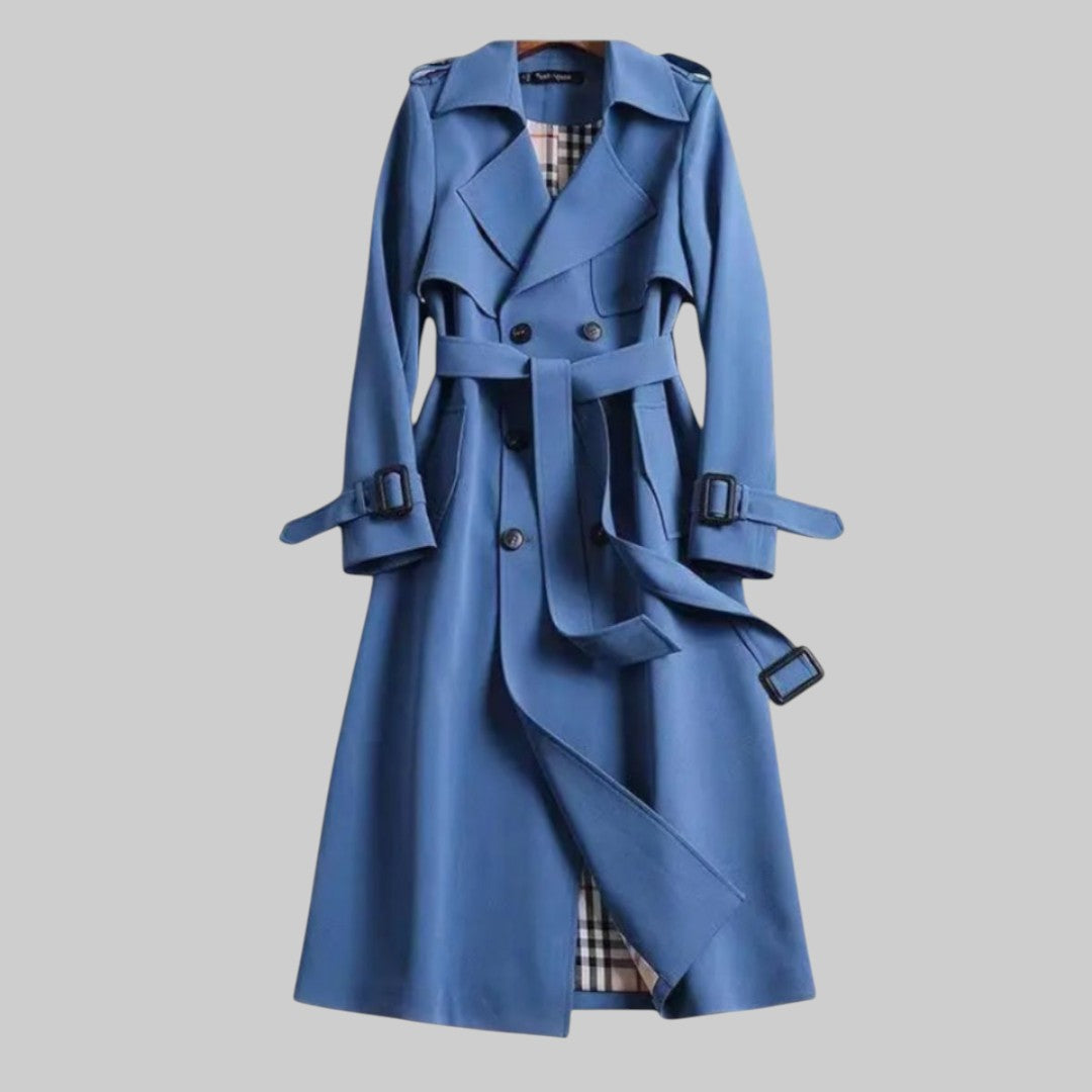 Women's Double Breasted Trench Coat Longline Style Lapel Collar Belted Waist Classic