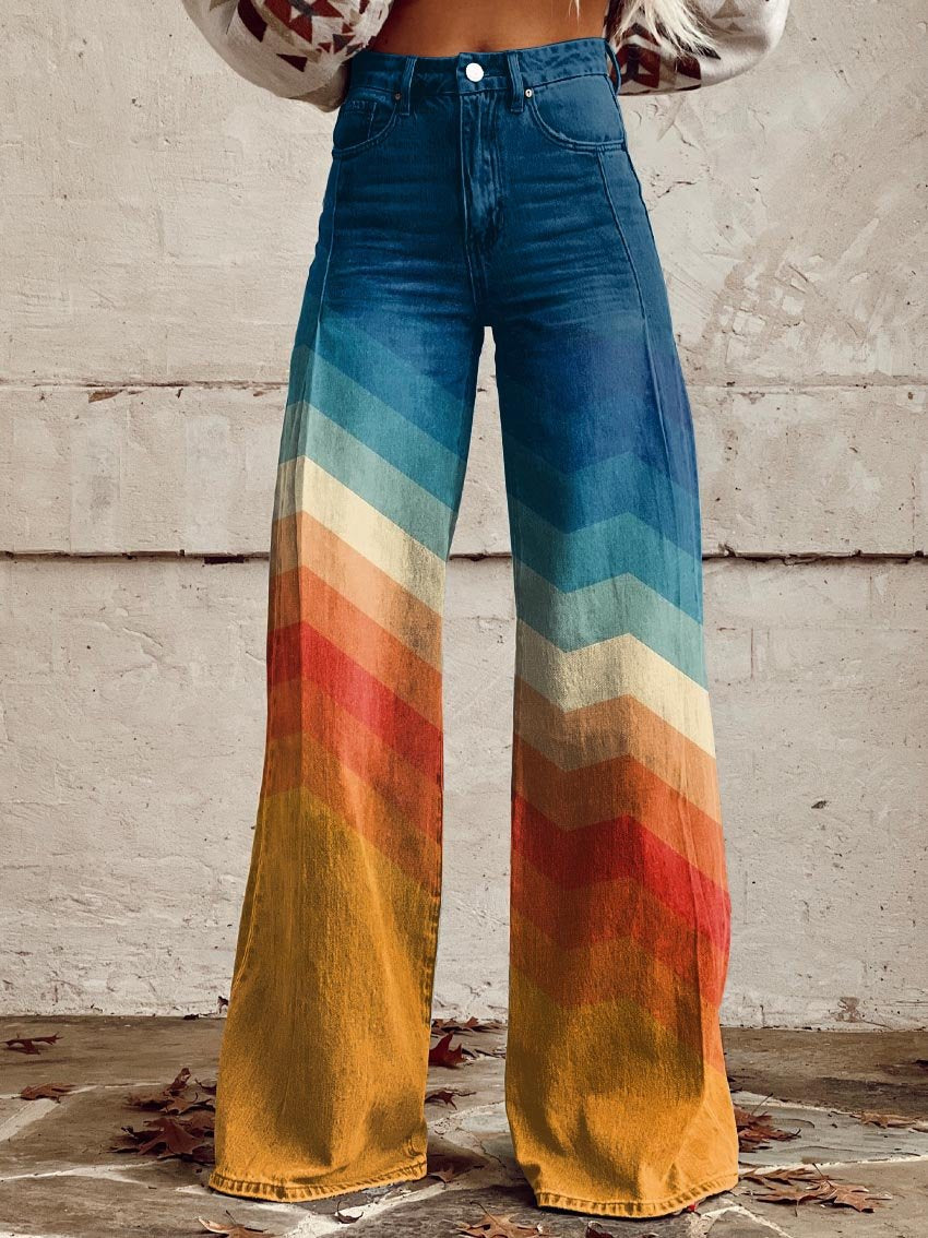 Women's Wide-Leg Pants Sunset Chevron Pattern Relaxed Fit Stylish Casual