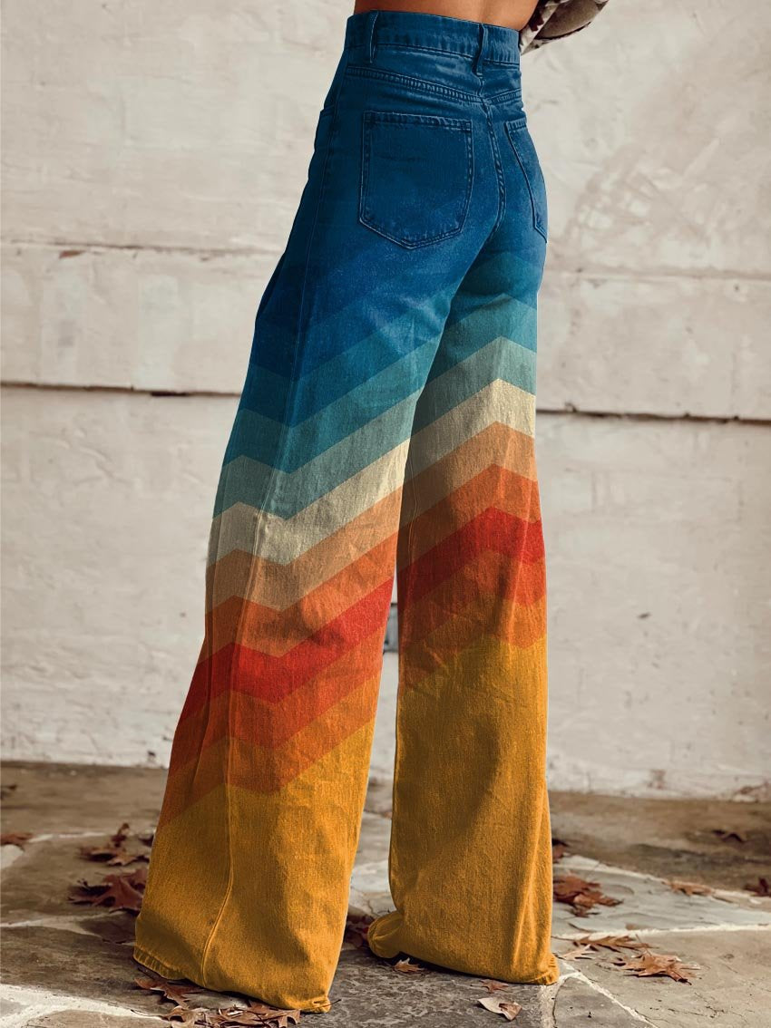 Women's Wide-Leg Pants Sunset Chevron Pattern Relaxed Fit Stylish Casual