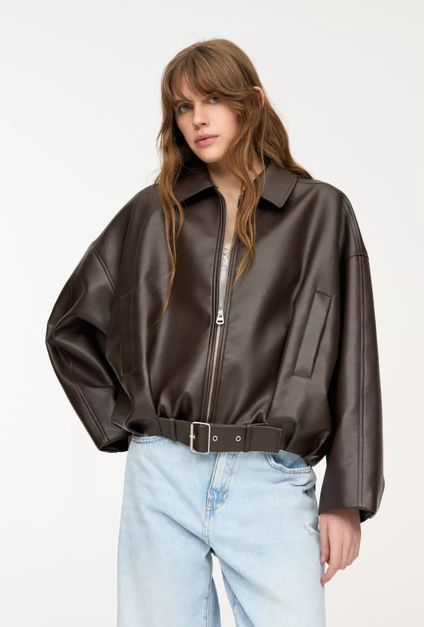 Women's Oversized Leather Jacket Belted Design Casual Everyday Fashion