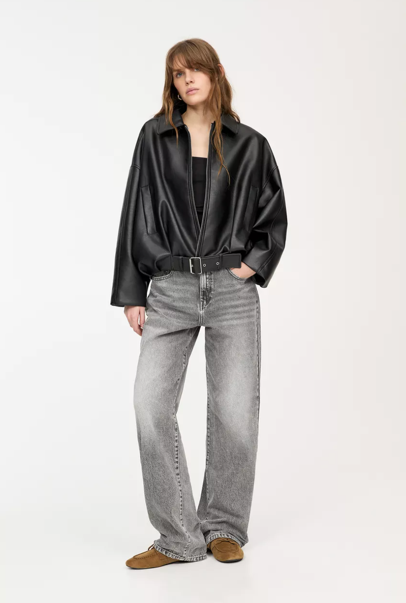 Women's Oversized Leather Jacket Belted Design Casual Everyday Fashion