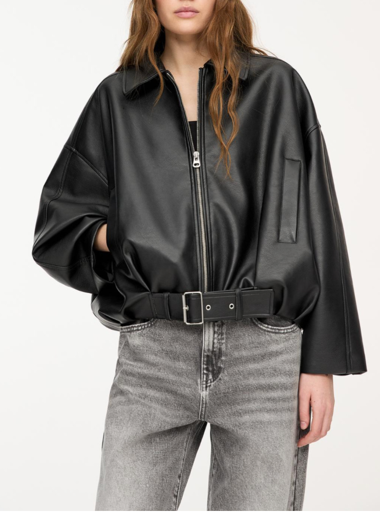 Women's Oversized Leather Jacket Belted Design Casual Everyday Fashion