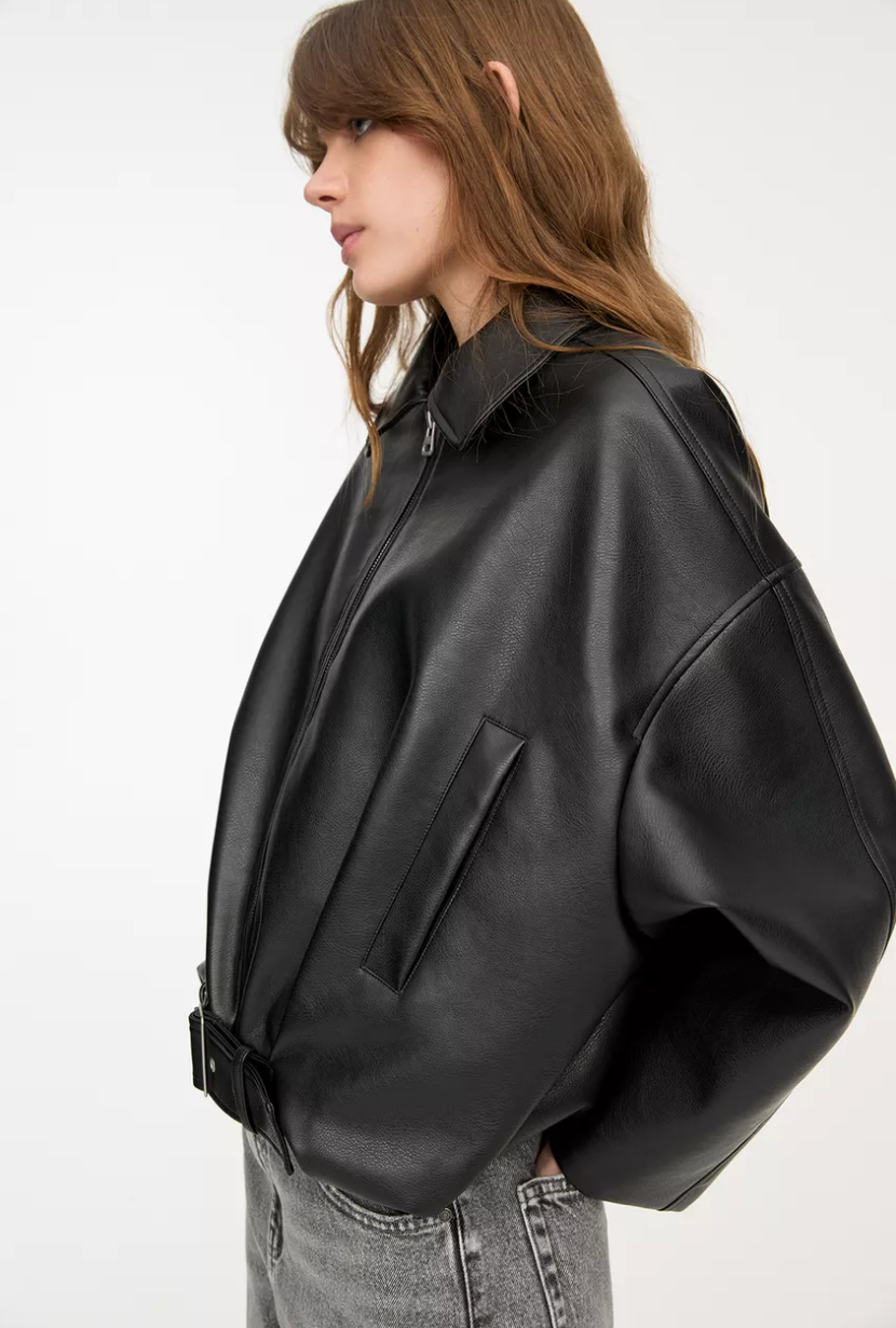 Women's Oversized Leather Jacket Belted Design Casual Everyday Fashion
