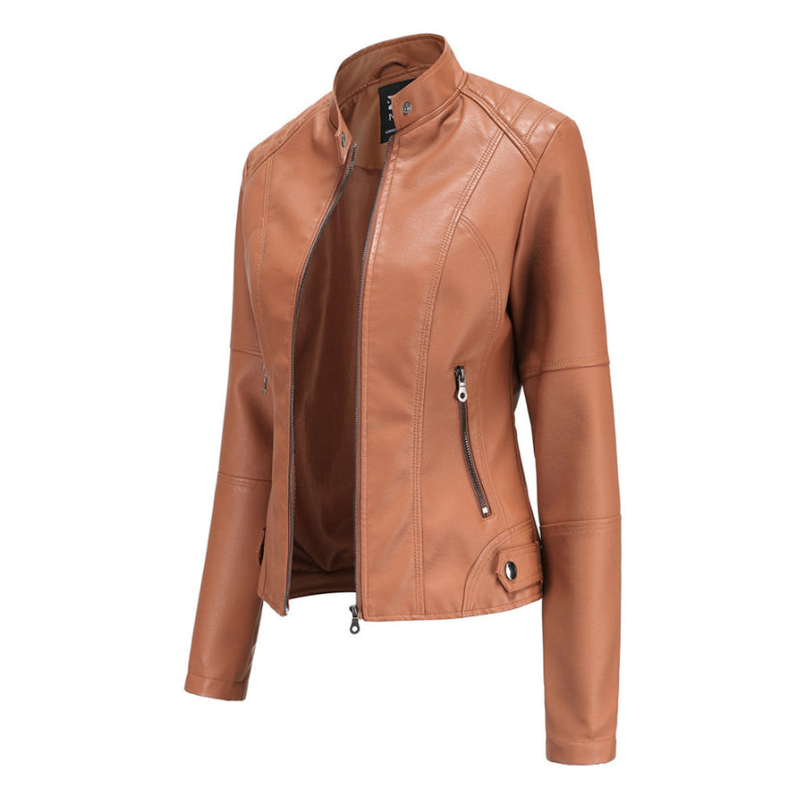 Men's Zip-Up Leather Jacket Tailored Fit Long Sleeve Stand Collar Casual Wear