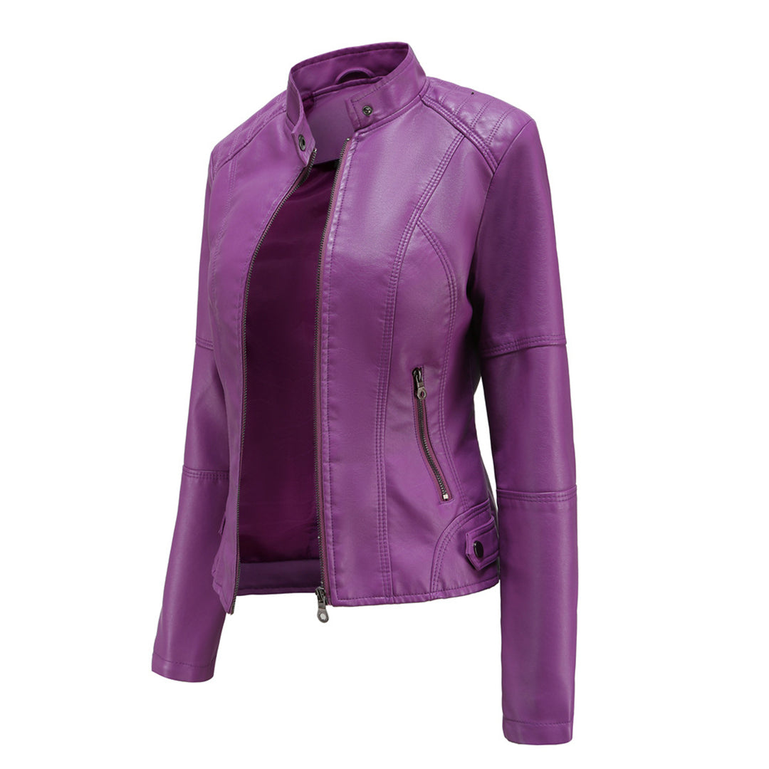 Men's Zip-Up Leather Jacket Tailored Fit Long Sleeve Stand Collar Casual Wear