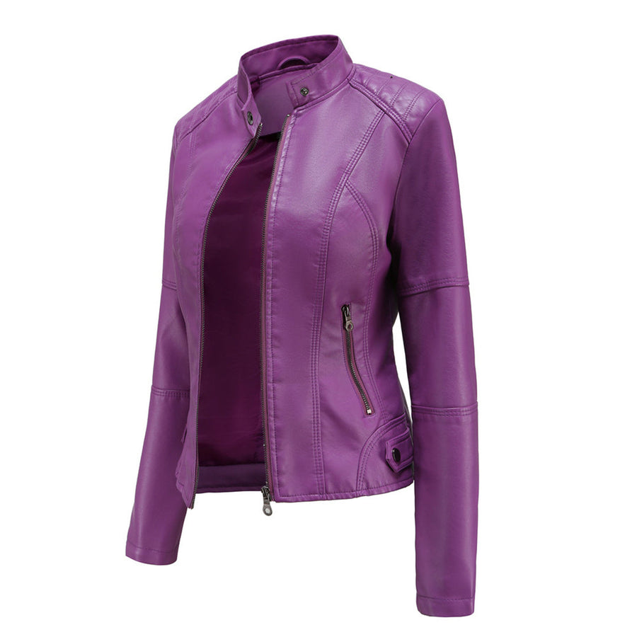 Men's Zip-Up Leather Jacket Tailored Fit Long Sleeve Stand Collar Casual Wear