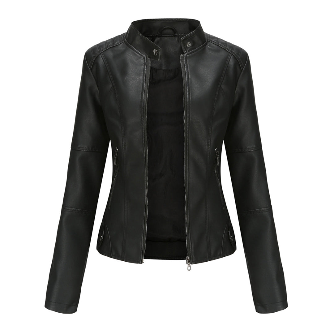 Men's Zip-Up Leather Jacket Tailored Fit Long Sleeve Stand Collar Casual Wear
