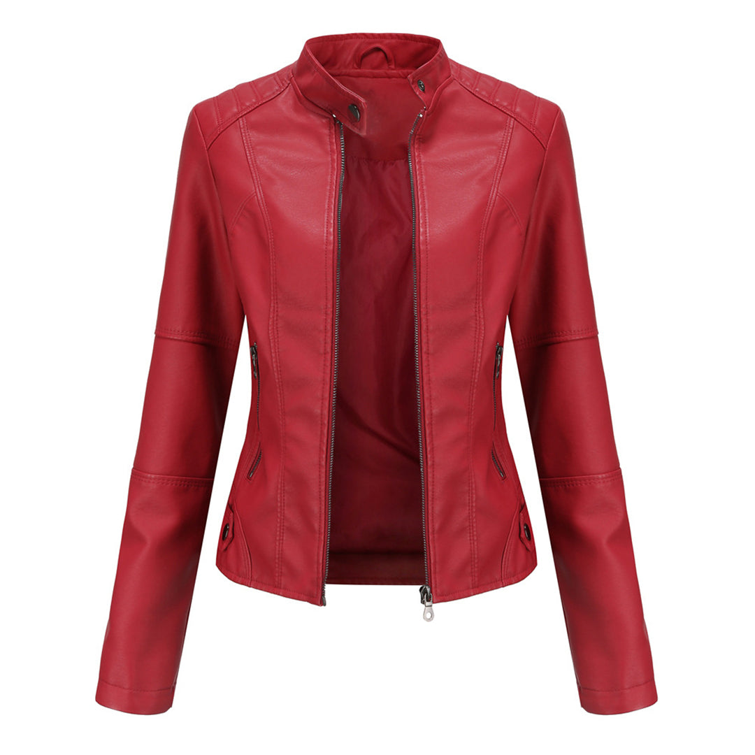 Men's Zip-Up Leather Jacket Tailored Fit Long Sleeve Stand Collar Casual Wear