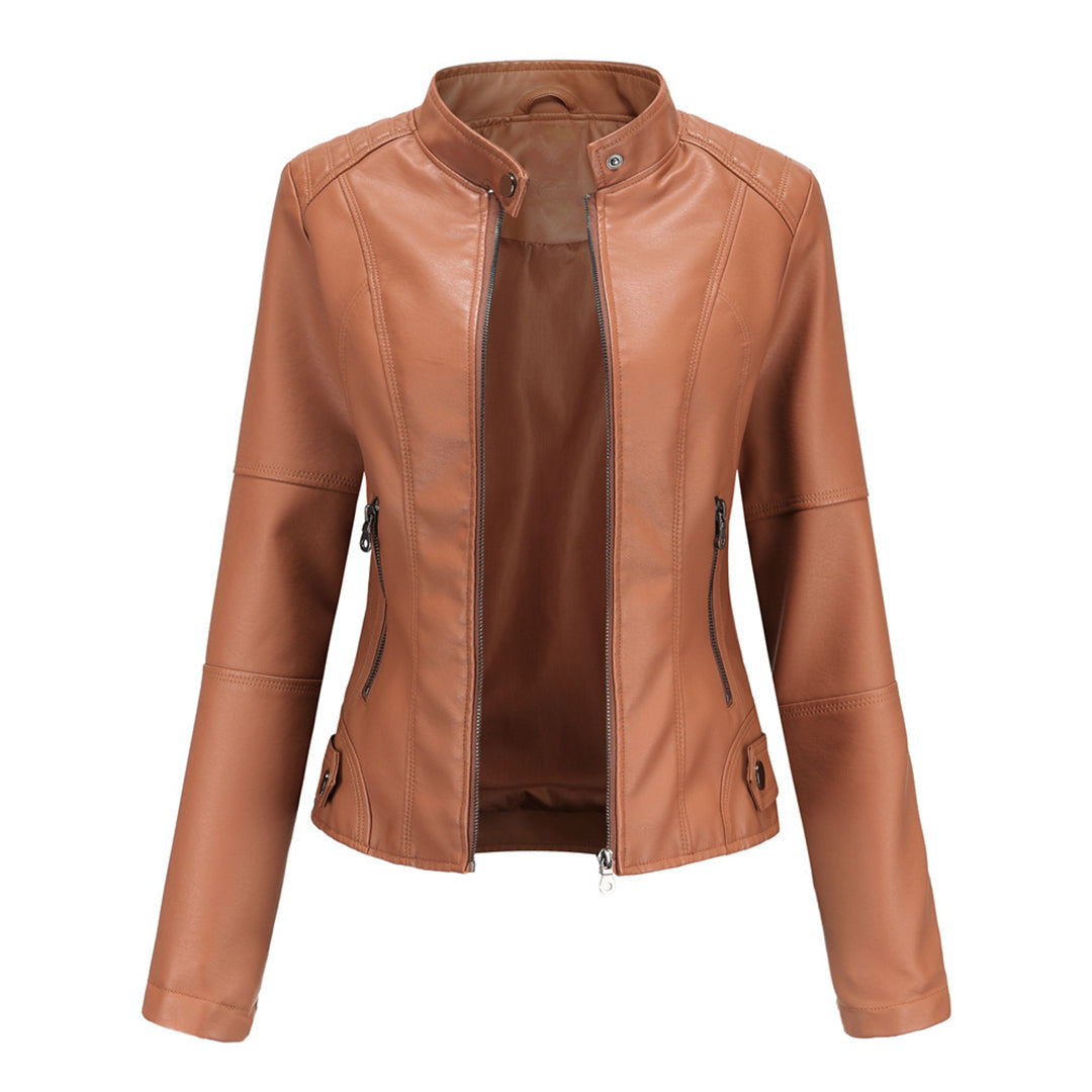 Men's Zip-Up Leather Jacket Tailored Fit Long Sleeve Stand Collar Casual Wear