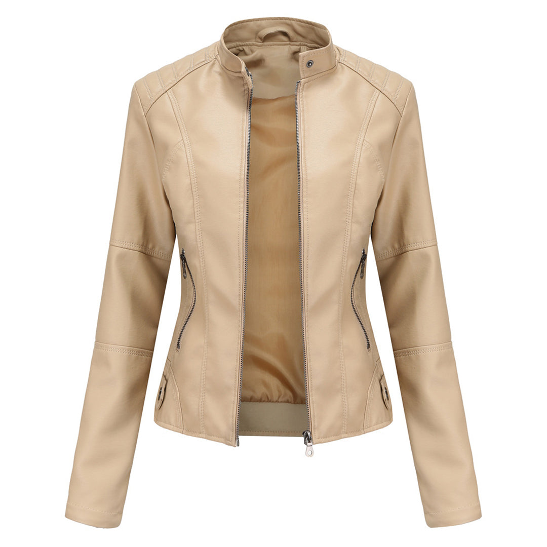 Men's Zip-Up Leather Jacket Tailored Fit Long Sleeve Stand Collar Casual Wear