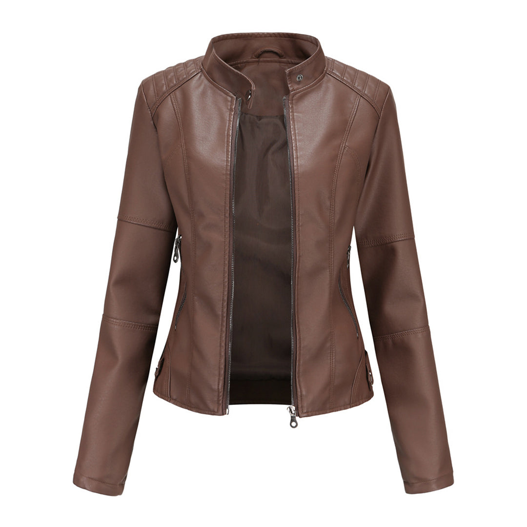 Men's Zip-Up Leather Jacket Tailored Fit Long Sleeve Stand Collar Casual Wear