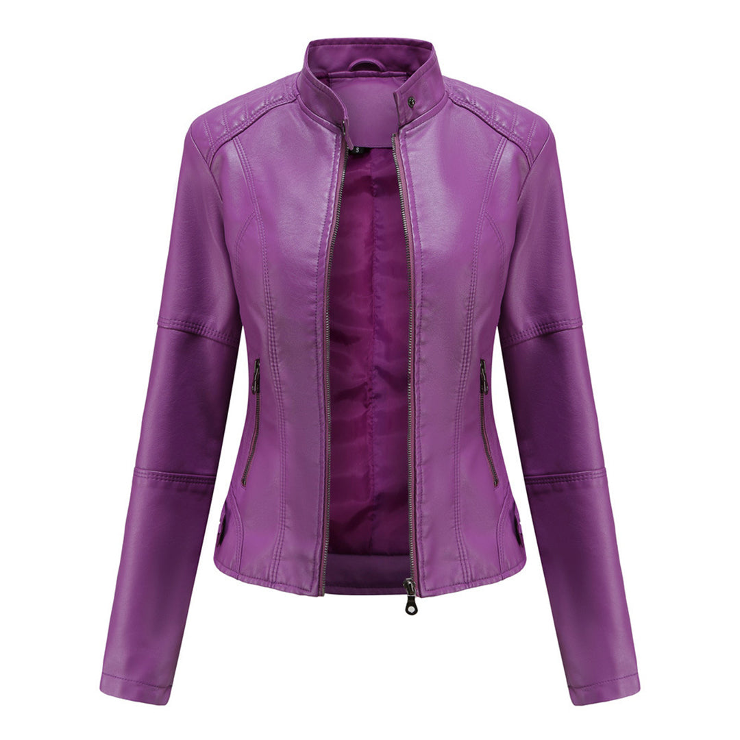 Men's Zip-Up Leather Jacket Tailored Fit Long Sleeve Stand Collar Casual Wear
