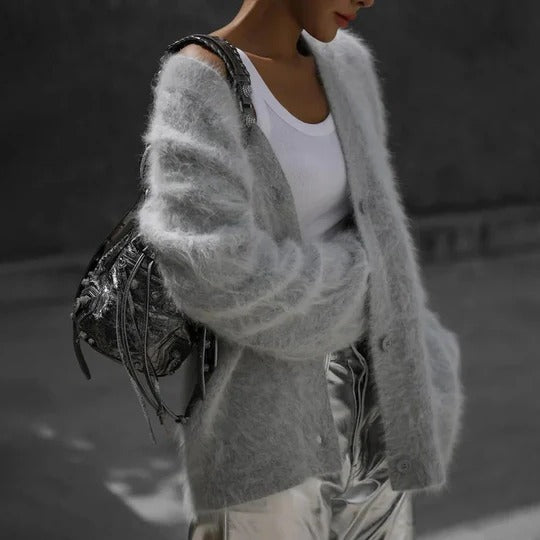 Women's Oversized Knit Cardigan V-Neck Long Sleeve Button Front Cozy Style
