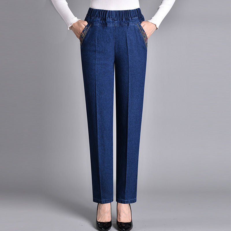 Women's Casual Jeans Relaxed Fit Side Pockets Elastic Waist Everyday Wear