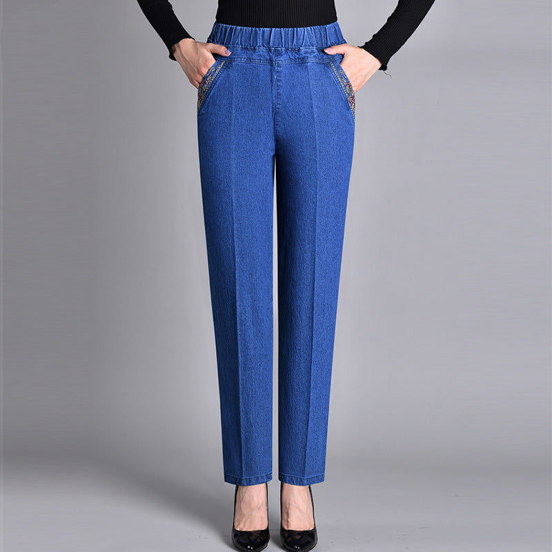 Women's Casual Jeans Relaxed Fit Side Pockets Elastic Waist Everyday Wear