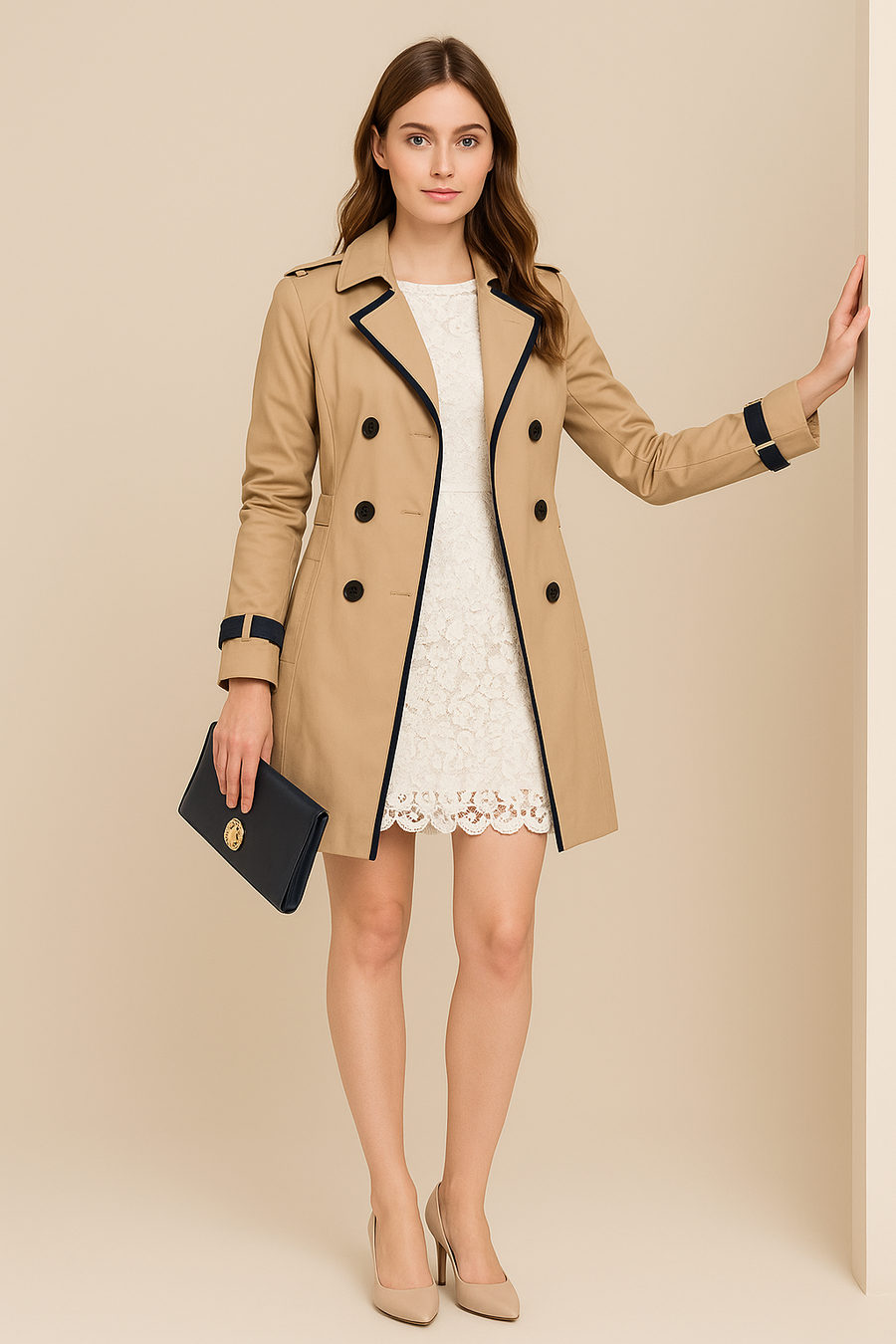 Women's Double-Breasted Trench Coat Contrast Trim Classic Stylish Outerwear