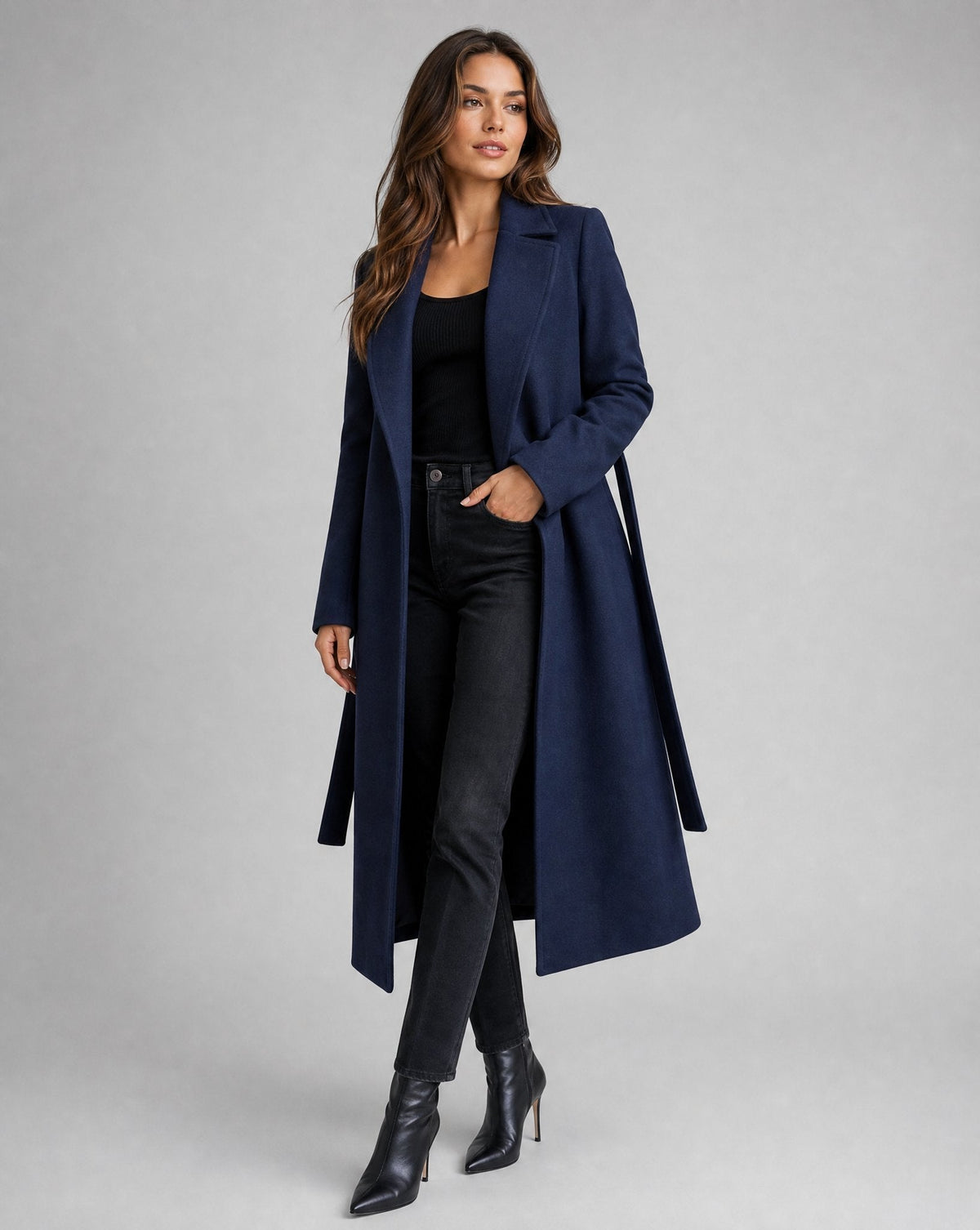 Women's Belted Trench Coat Long Lapel Style Classic Elegant Outerwear