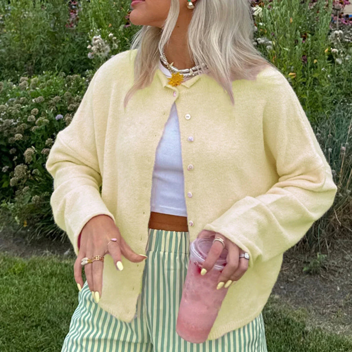 Women's Knit Cardigan Long Sleeve Button Front Collared Relaxed Style
